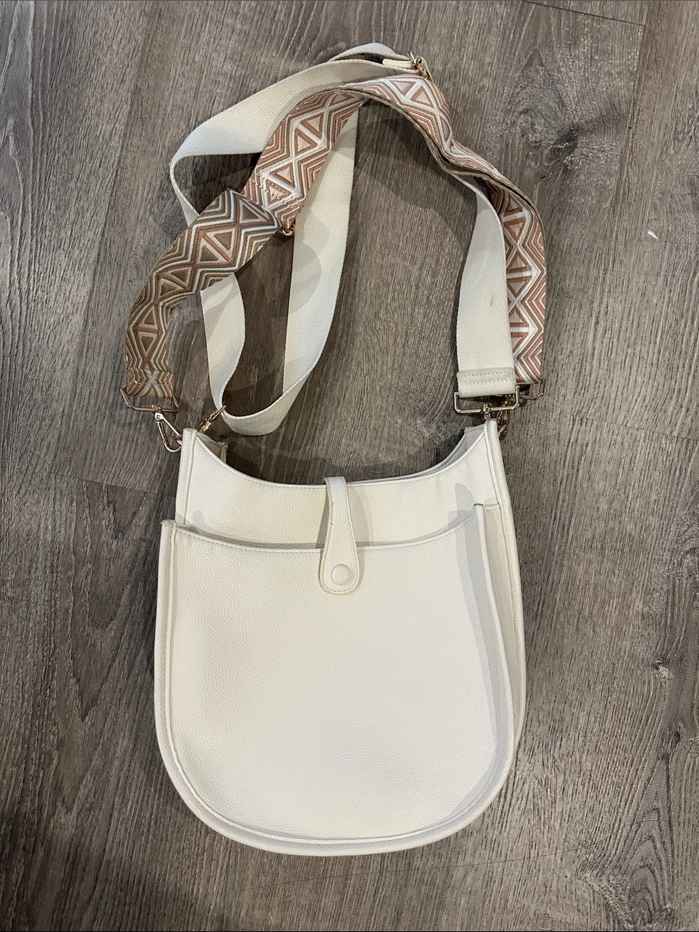 Classic Cream Crossbody Bag with Patterned Strap